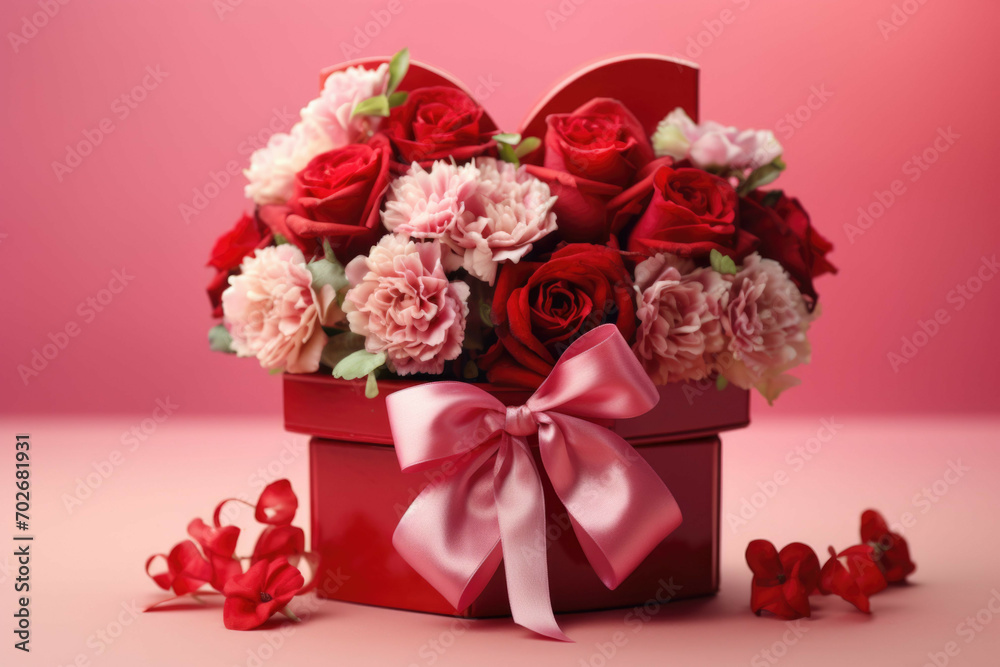 A romantic and vibrant bouquet of red roses and pink carnations arranged in a heart-shaped box, with a red ribbon tied around it, against a pink and red background