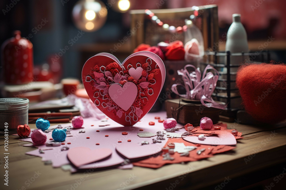 A close-up shot of a hand-crafted Valentines Day card, with a variety of decorations and colorful details
