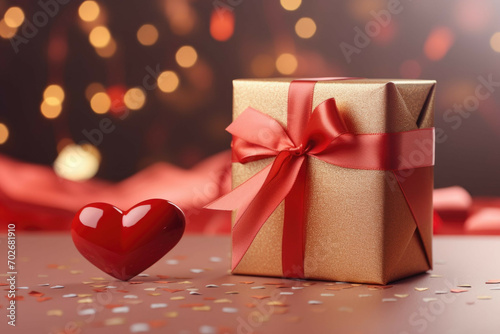 A close-up of a Valentines Day gift box, with a red bow and a heart shaped card on top