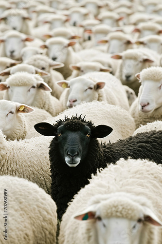 A Single Black Sheep Stands Out Amongst a Flock of White Counterparts in Rural Grazing Fields Created With Generative AI Technology