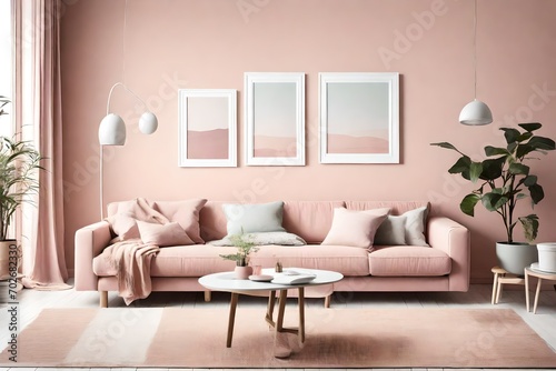 An inviting living room with a white frame on a pale pink wall  featuring a cozy sofa and minimalist furniture in soothing pastel tones.