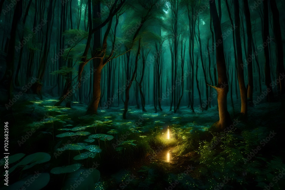 A magical forest illuminated by the soft glow of fireflies, creating a dreamlike and enchanting atmosphere on the nature island.
