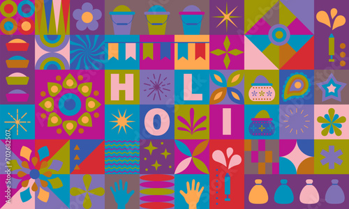 Holi symbols, icons, designs. Festival of colors vector design element with colorful Holi paints. Happy Holi, Indian holiday and festival poster, banner, colorful vector illustration