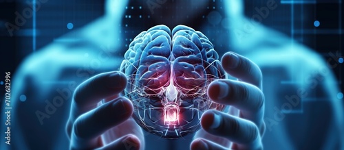 technology concept of doctor holding Brain shaped line icon representing virtual artificial intelligence via photo