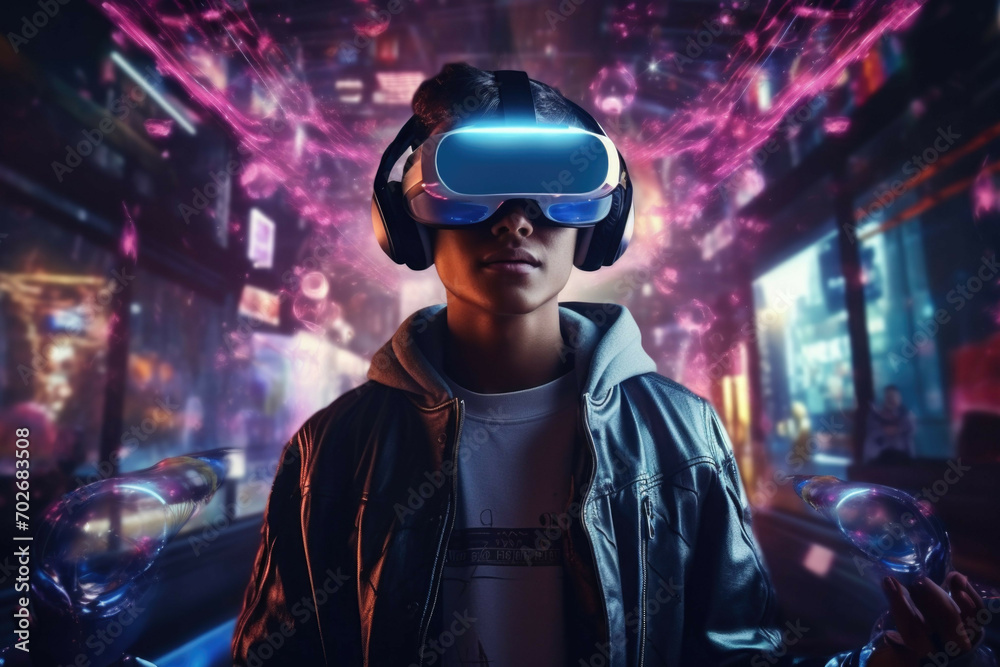 A person wearing a futuristic augmented reality headset, surrounded by a virtual world of holograms and 3D objects A person wearing a futuristic augmented reality headset, surrounded by a virtual world of holograms and 3D objects