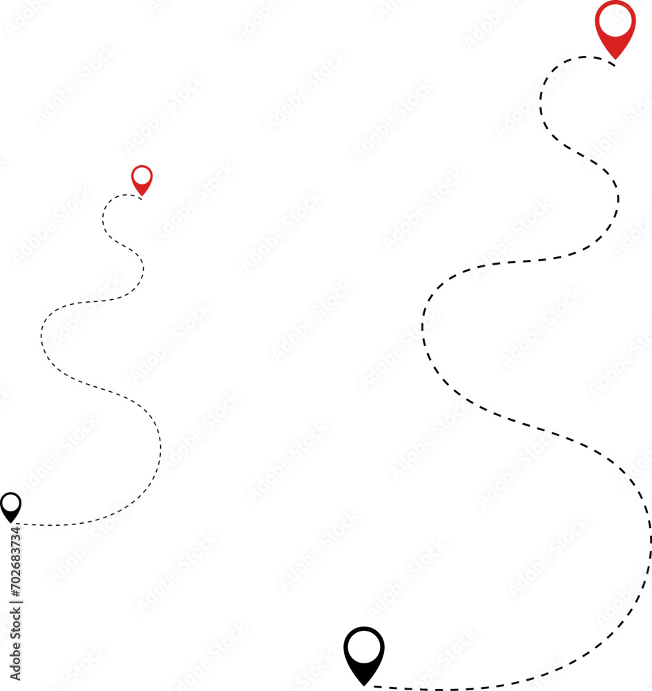 Route icon - two points with dotted path and location pin. Route location icon two pin sign and dotted line. Route icon - two points with dotted path and location pin. Route location icon two pin sign and dotted line.