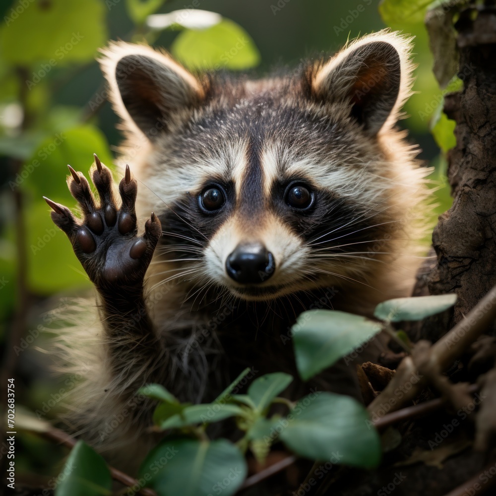 Photo of a playful and mischievous raccoon in a tree. Generative AI