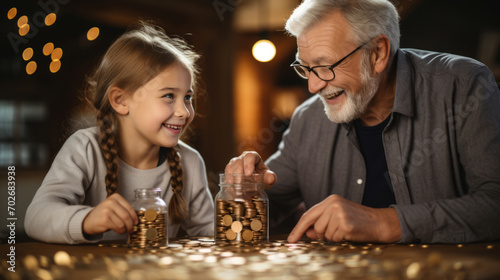 Grandfather and granddaugther collecting coins together photo