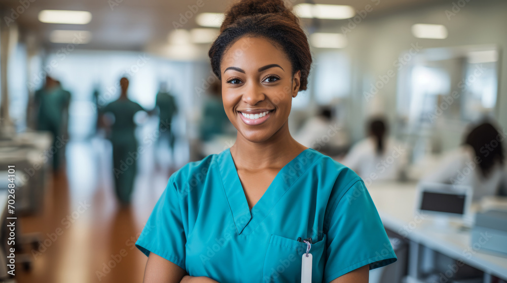 Portrait of a proud African American nurse in a hospital - obrazy, fototapety, plakaty 
