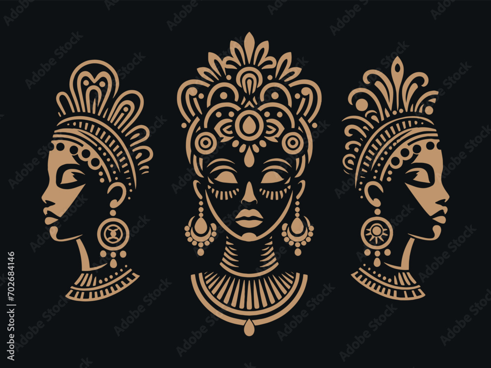 Fototapeta premium Beautiful African woman goddess portrait. Black princess, queen. Face in ethnic style. Engraving icon, logo. Beige and black color