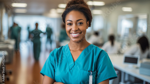 Portrait of a proud African American nurse in a hospital photo