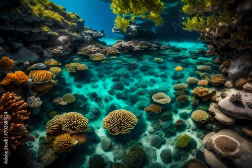 A hidden cove with crystal-clear water   a vibrant underwater world with coral gardens and exotic fish.
