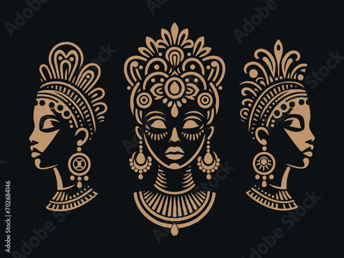 Beautiful African woman goddess portrait. Black princess, queen. Face in ethnic style. Engraving icon, logo. Beige and black color