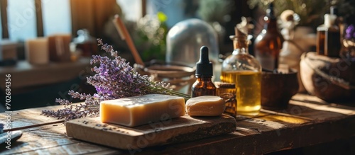 Bath essentials like herbal soap, organic oil, lavender, and beauty products displayed on wooden desk in closeup photo. photo