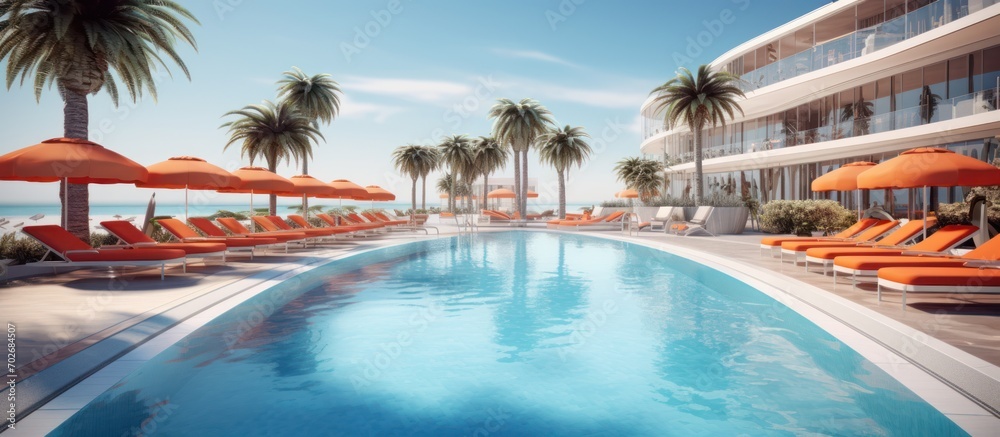 Luxury beachfront luxury hotel resort with swimming pool, bright, orange, blue