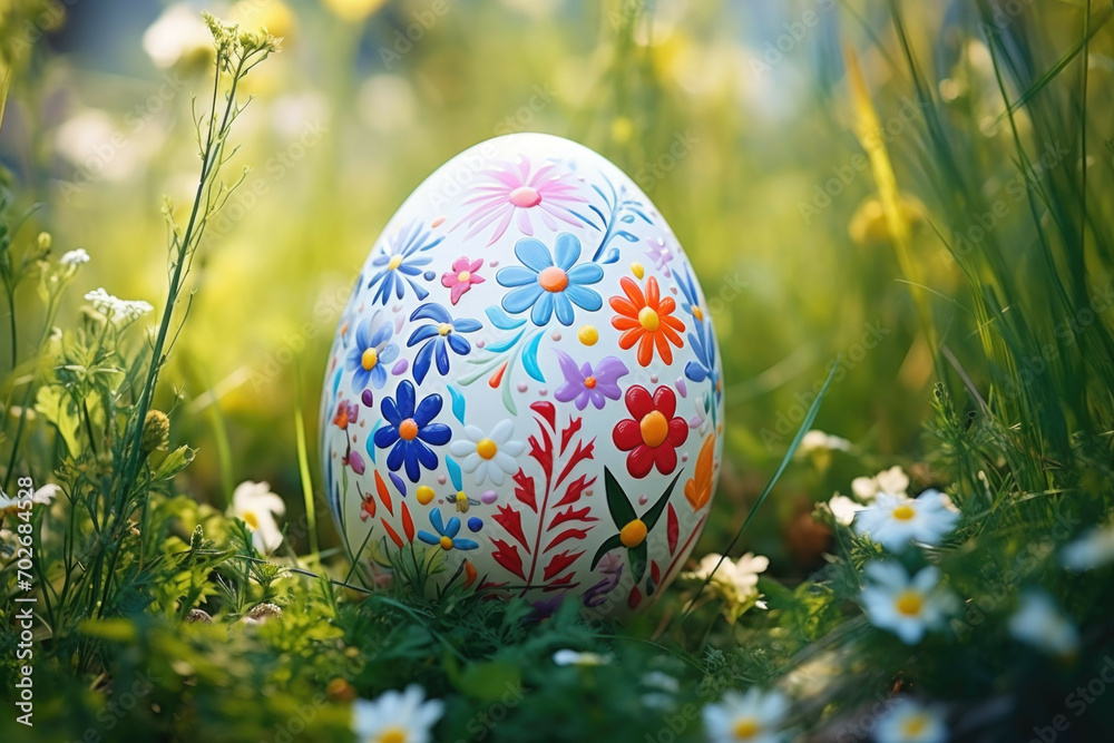A close up of a colorful Easter egg adorned with a pattern of pastel spring flowers, resting on a bed of green grass and colorful wildflowers A close up of a colorful Easter egg adorned with a pattern of pastel spring flowers, resting on a bed of green grass and colorful wildflowers