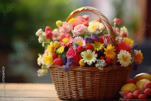 A close-up of a traditional Easter basket, decorated with bright and colorful flowers and fruits © Michael Böhm