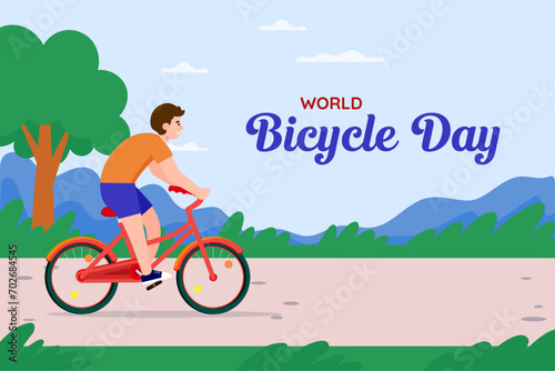 Postcard for World Bicycle Day.  Vector trendy illustration.
