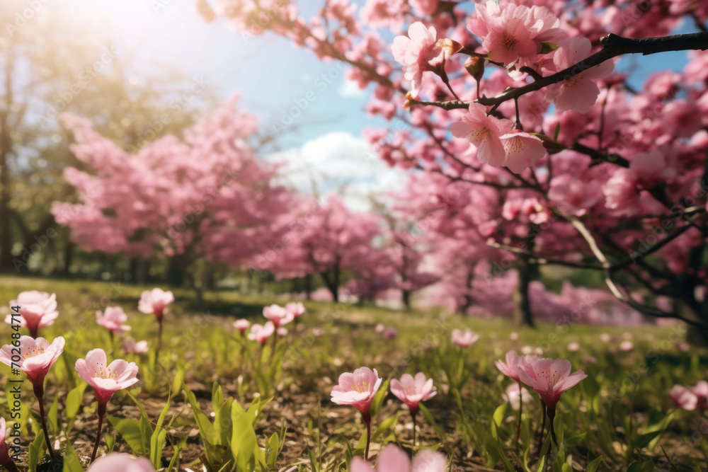 A wide angle shot of a field of pink cherry blossoms swaying in the wind, the sun shining through the petals creating a beautiful contrast between the pink and the green grass A wide angle shot of a field of pink cherry blossoms swaying in the wind, the sun shining through the petals creating a beautiful contrast between the pink and the green grass