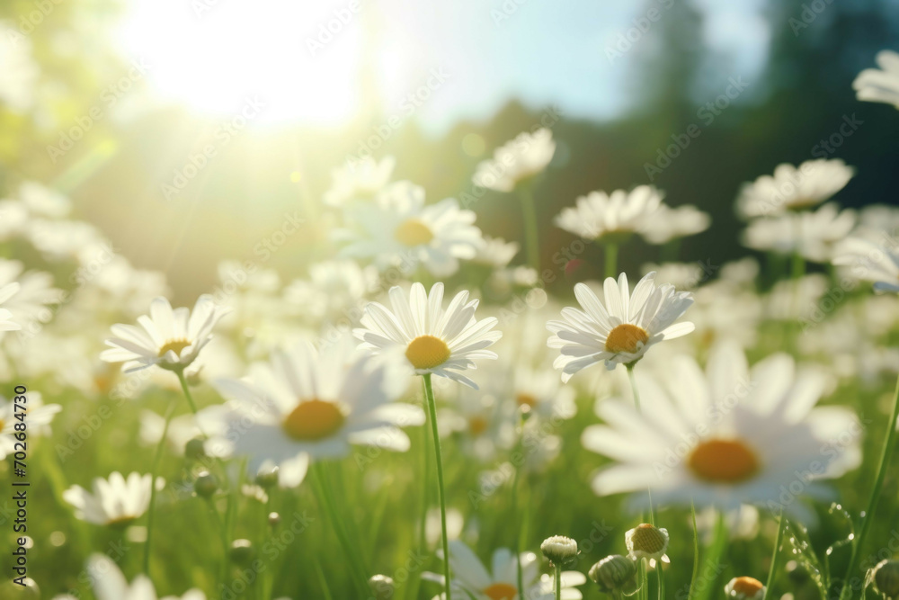 A wide angle shot of a field of white daisies swaying in the wind, the sun shining through the petals creating a beautiful contrast between the white and the green grass