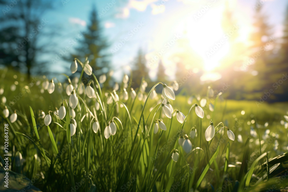 A group of snowdrop flowers standing tall in a lush green meadow, with the sun shining brightly in the background