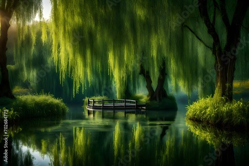 A tranquil pond surrounded by weeping willows  their branches gently touching the water s surface.