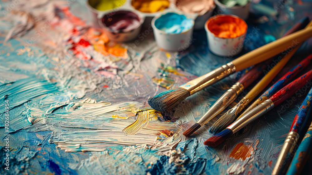 Fototapeta premium set of accessories for painting with paints and brushes. fine art tools. creative flatlay composition with copy space