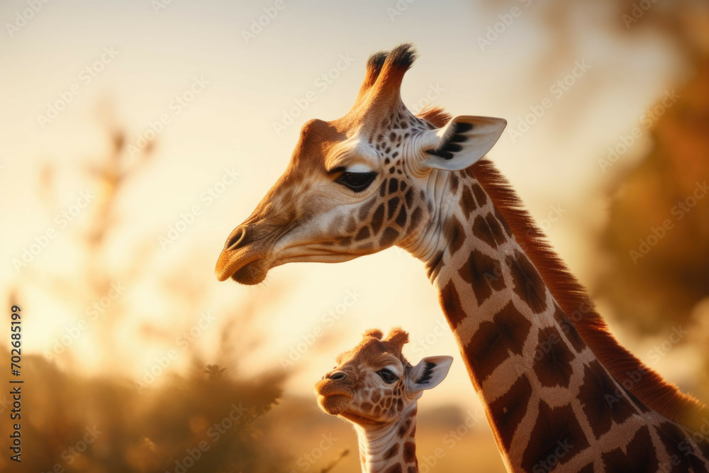 Obraz premium A baby giraffe stretching its neck to reach its mother's face