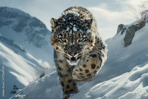 A snow leopard stalking its prey through the Himalayan mountains