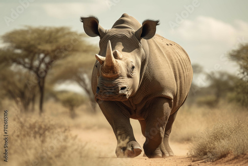 A rhinoceros walking in the wild, with its horn visible in the background