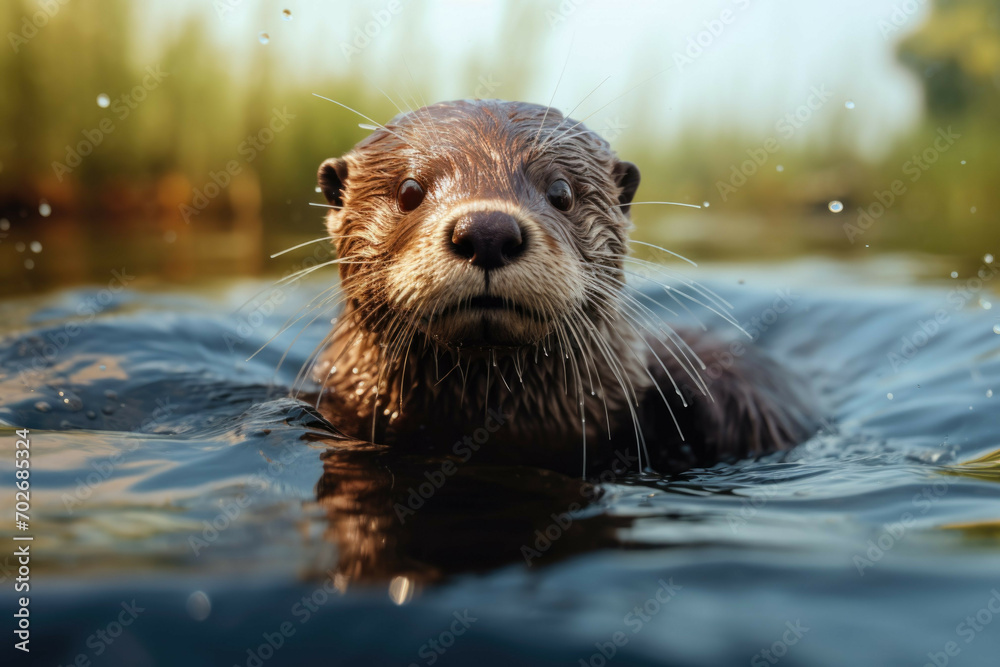 A baby otter swimming in a river, its little body twisting and turning through the water