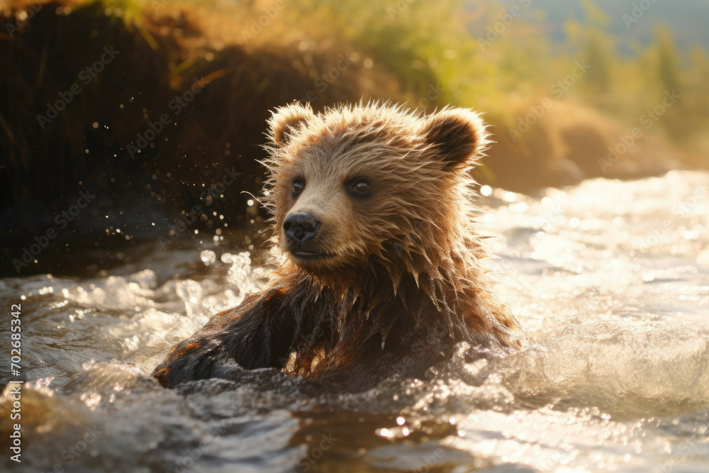 Fototapeta premium A baby bear cub playing in a river, its fur glistening in the sunlight