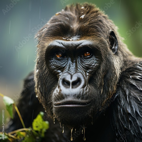 Photo of a regal and stoic mountain gorilla family in the mist. Generative AI photo