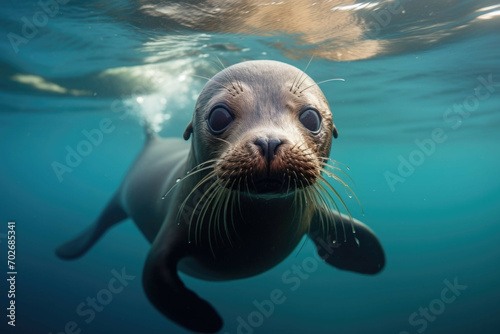A baby seal pup swimming in the ocean, its eyes wide with curiosity and its whiskers twitching photo