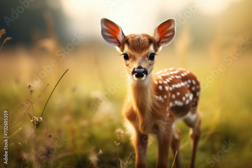 A baby deer fawn standing in a field, its ears perked up and its eyes looking around curiously