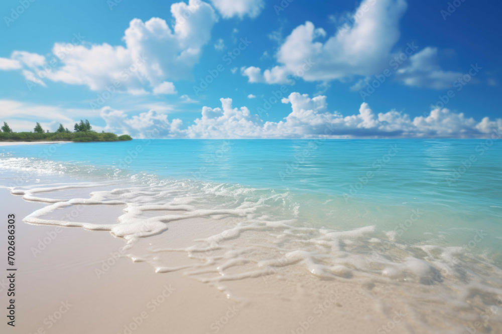 A colorful, vibrant beach with white sand, clear blue water, and a bright, sunny sky