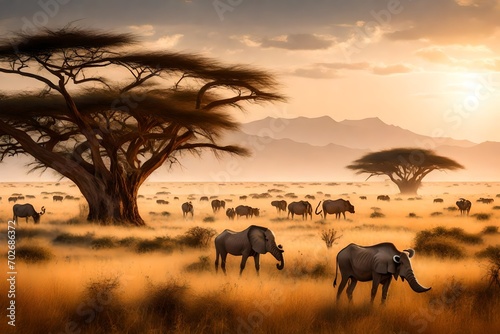 A vast savannah with tall grasses  scattered acacia trees  and a distant herd of grazing animals.