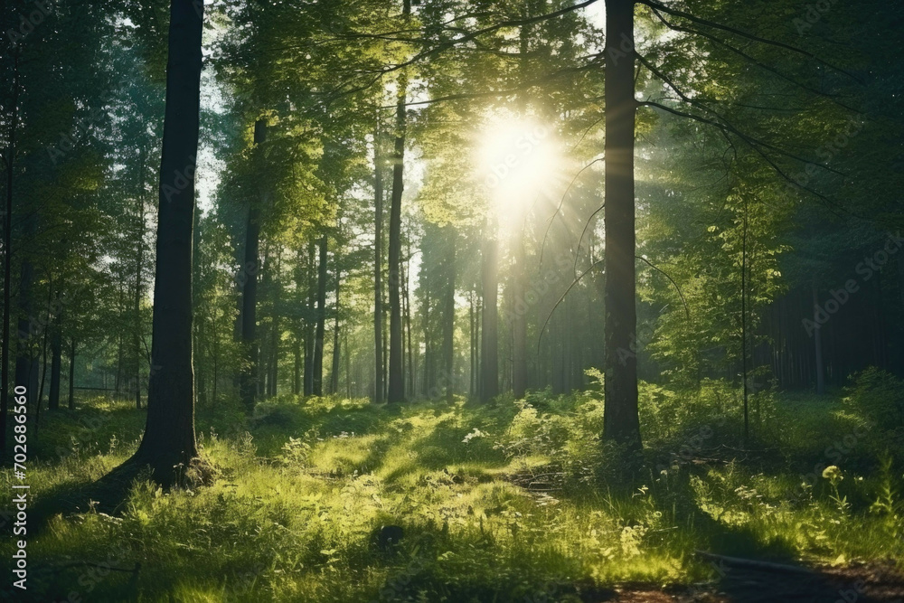 A bright, sunny day in a lush, green forest with the sunlight streaming through the trees