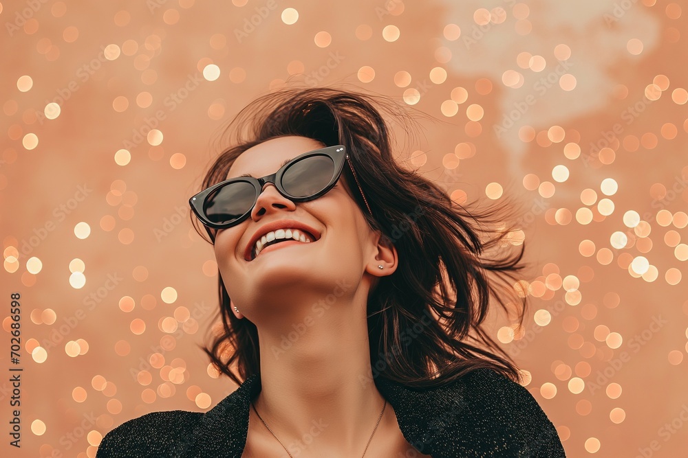 30-40 years old woman laughing on sparkle peach background 30-40 years old woman laughing on sparkle peach background