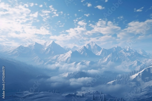 A majestic mountain range with snow-capped peaks and a vast expanse of sky in the background