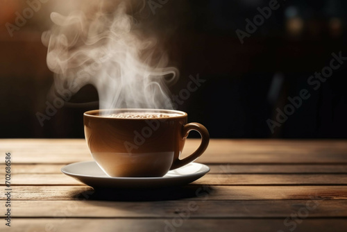 A cup of hot coffee with smoke rising from it on a wooden table