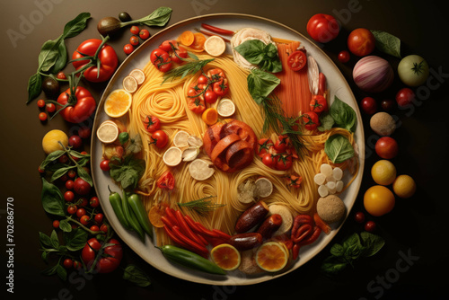 A plate of freshly cooked spaghetti with a variety of different types of vegetables, herbs, and spices, arranged in a decorative pattern