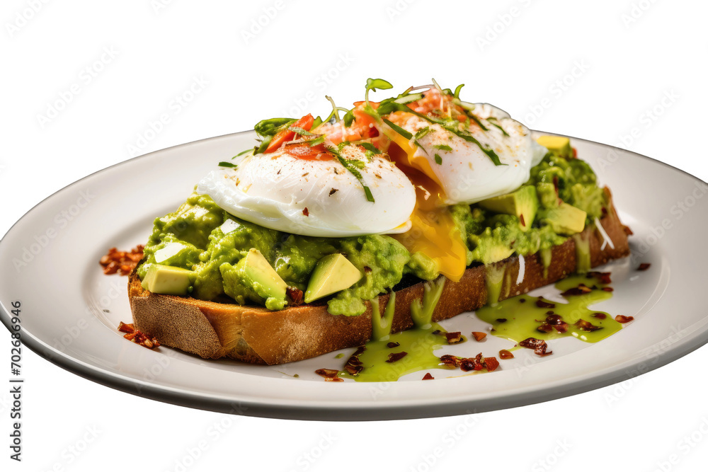 Plate of Avocado Toast with Poached Egg Isolated On Transparent Background