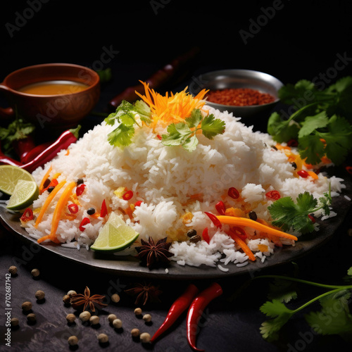 A plate of freshly cooked rice, with a colorful assortment of vegetables and spices arranged on top