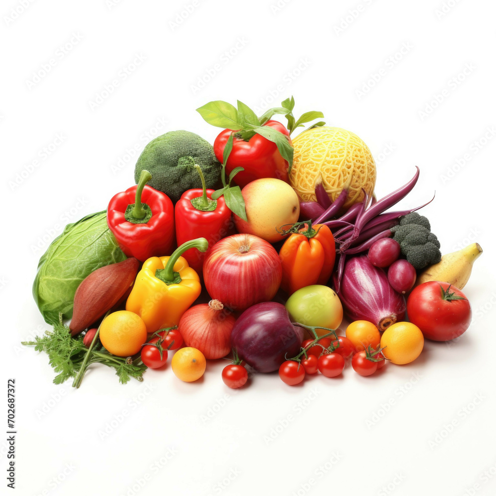 A colorful array of summer fruits and vegetables, freshly picked from the farmer's market and arranged in a vibrant display, isolated on white background