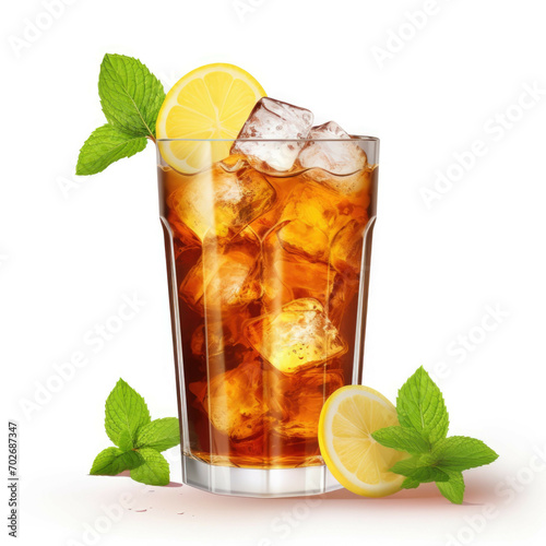A glass of iced tea with mint leaves and lemon slices, isolated on white background