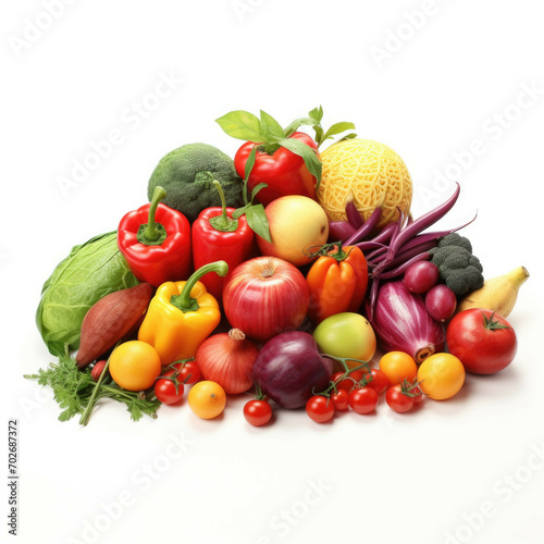 A colorful array of summer fruits and vegetables, freshly picked from the farmer's market and arranged in a vibrant display, isolated on white background