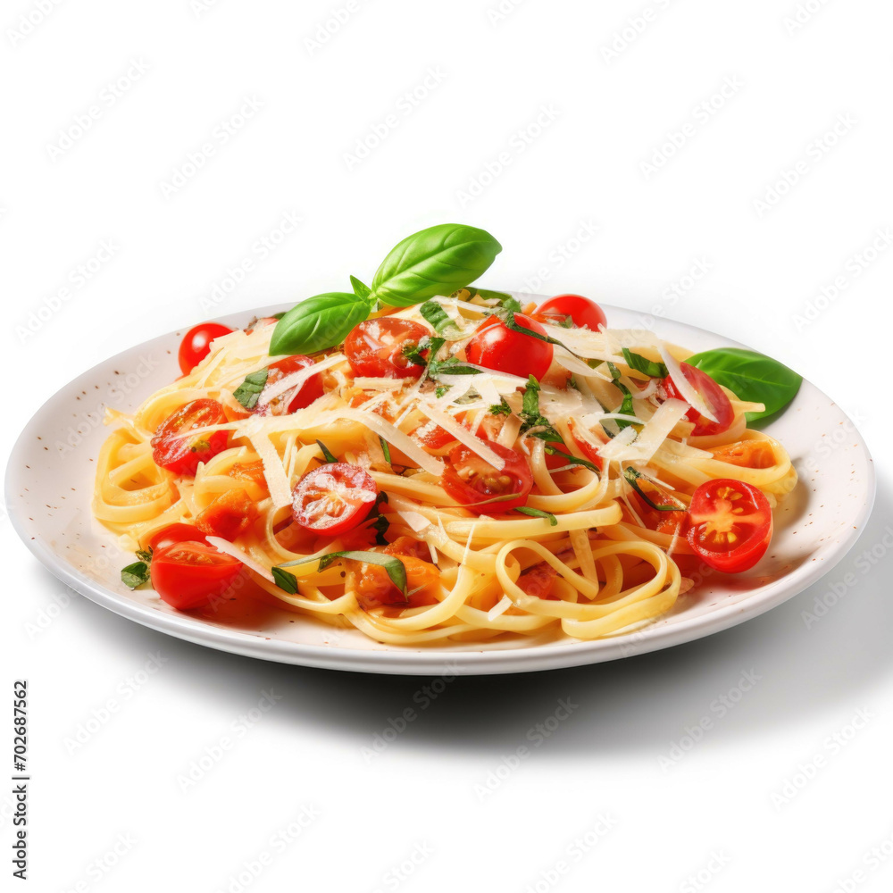 A plate of freshly cooked pasta with tomatoes, basil, and Parmesan cheese, isolated on white background A plate of freshly cooked pasta with tomatoes, basil, and Parmesan cheese, isolated on white background