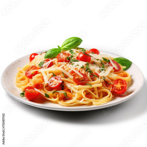A plate of freshly cooked pasta with tomatoes, basil, and Parmesan cheese, isolated on white background