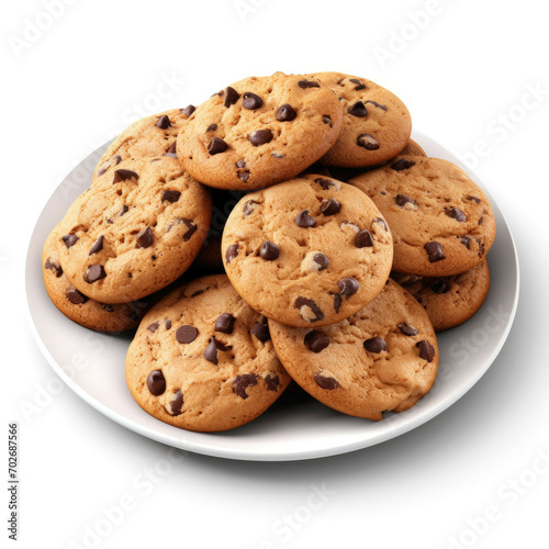 A plate of freshly baked cookies with chocolate chips, isolated on white background